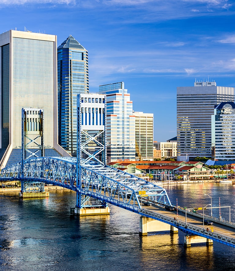City skyline with a blue steel bridge over a river.