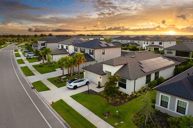 Suburban neighborhood at sunset.