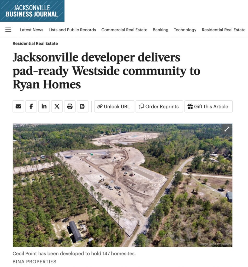 jacksonville real estate developer pad-ready lots